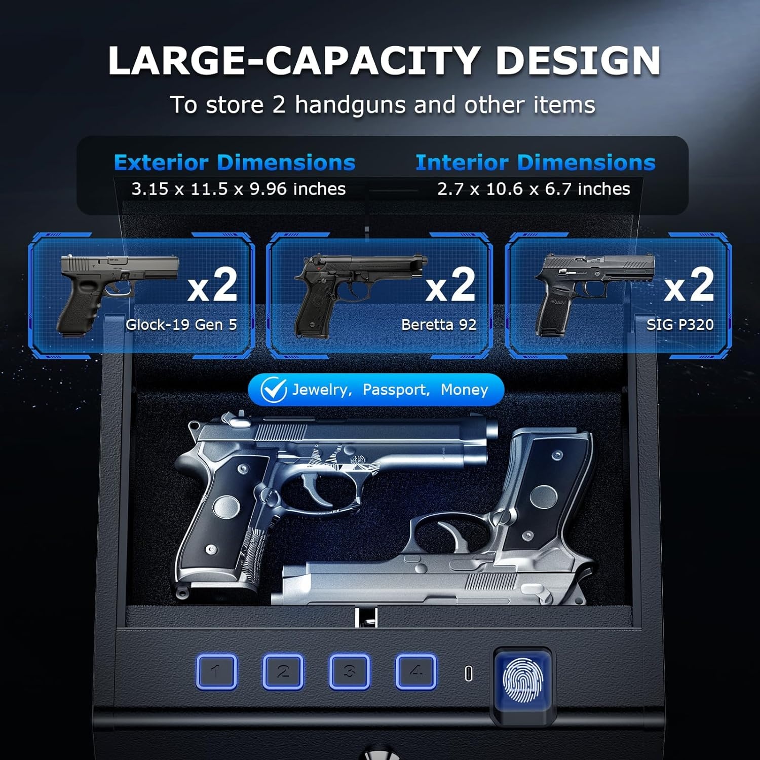 image:imageBonsaii Gun Safe for Handgun 3 Ways Quick Access Biometric Gun Safe for Pistols Fingerprint Pistol Safe with TypeC Port Small Handgun Safe Lock Box with Light for Nightstand Bedside Car HomeLarge