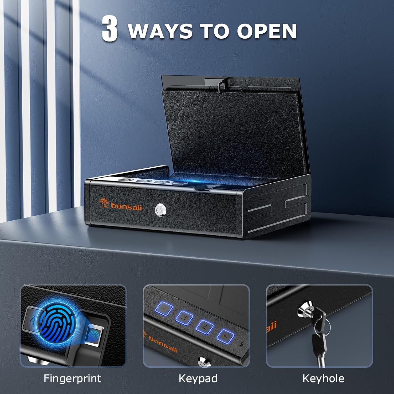 image:imageBonsaii Gun Safe for Handgun 3 Ways Quick Access Biometric Gun Safe for Pistols Fingerprint Pistol Safe with TypeC Port Small Handgun Safe Lock Box with Light for Nightstand Bedside Car HomeLarge