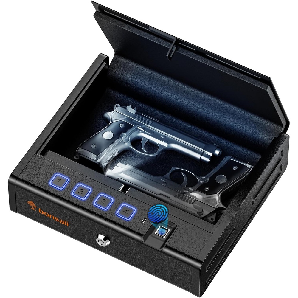 image:imageBonsaii Gun Safe for Handgun 3 Ways Quick Access Biometric Gun Safe for Pistols Fingerprint Pistol Safe with TypeC Port Small Handgun Safe Lock Box with Light for Nightstand Bedside Car HomeLarge