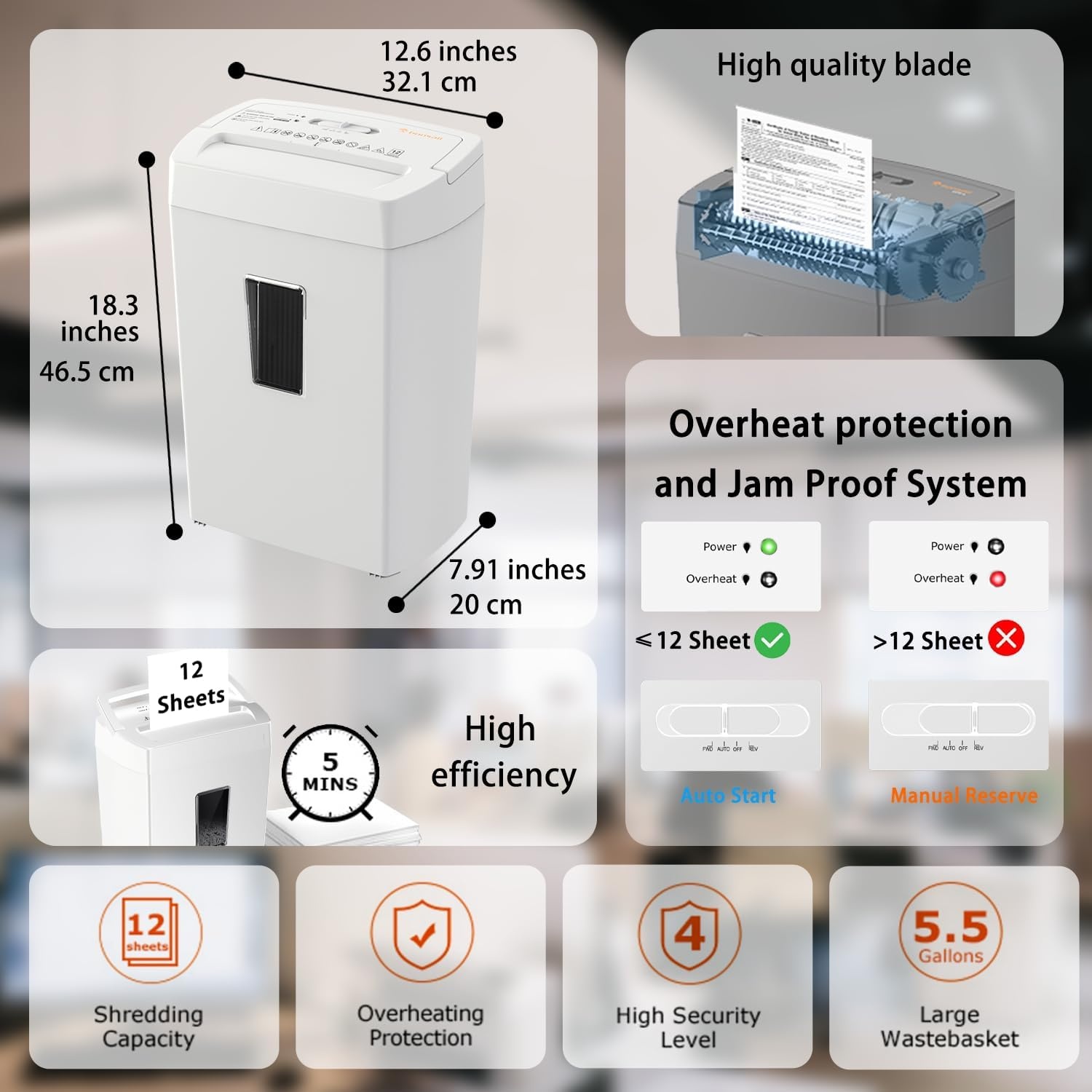 image:imageBonsaii 12Sheet Cross Cut Shredder P4 High Security Shredding 55 Gal Heavy Duty for Home Office Shreds Paper Credit Card Mail Staples with Transparent Window WhiteWhite