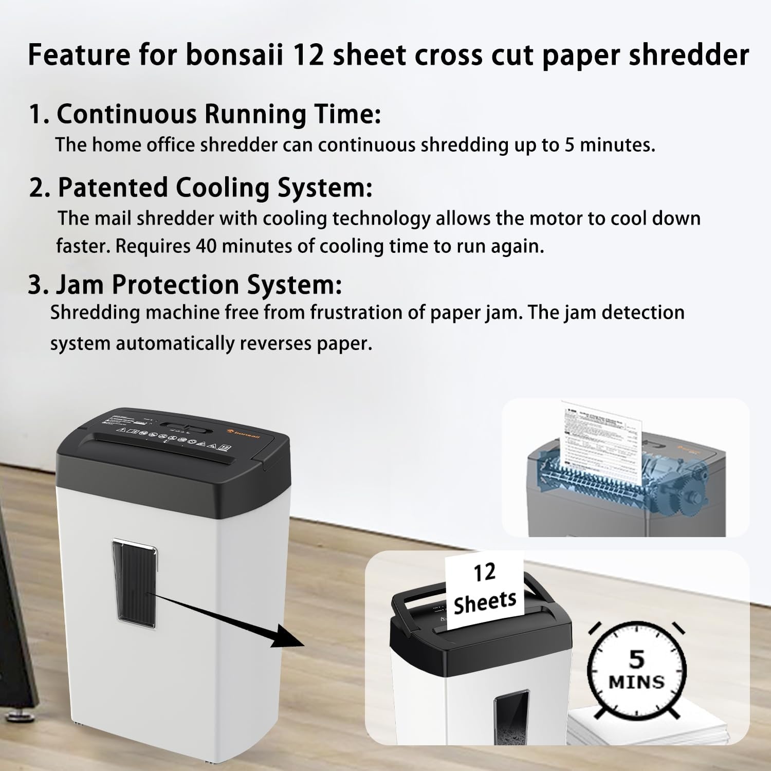 image:imageBonsaii 12Sheet Cross Cut Shredder P4 High Security Shredding 55 Gal Heavy Duty for Home Office Shreds Paper Credit Card Mail Staples with Transparent Window WhiteWhite Black