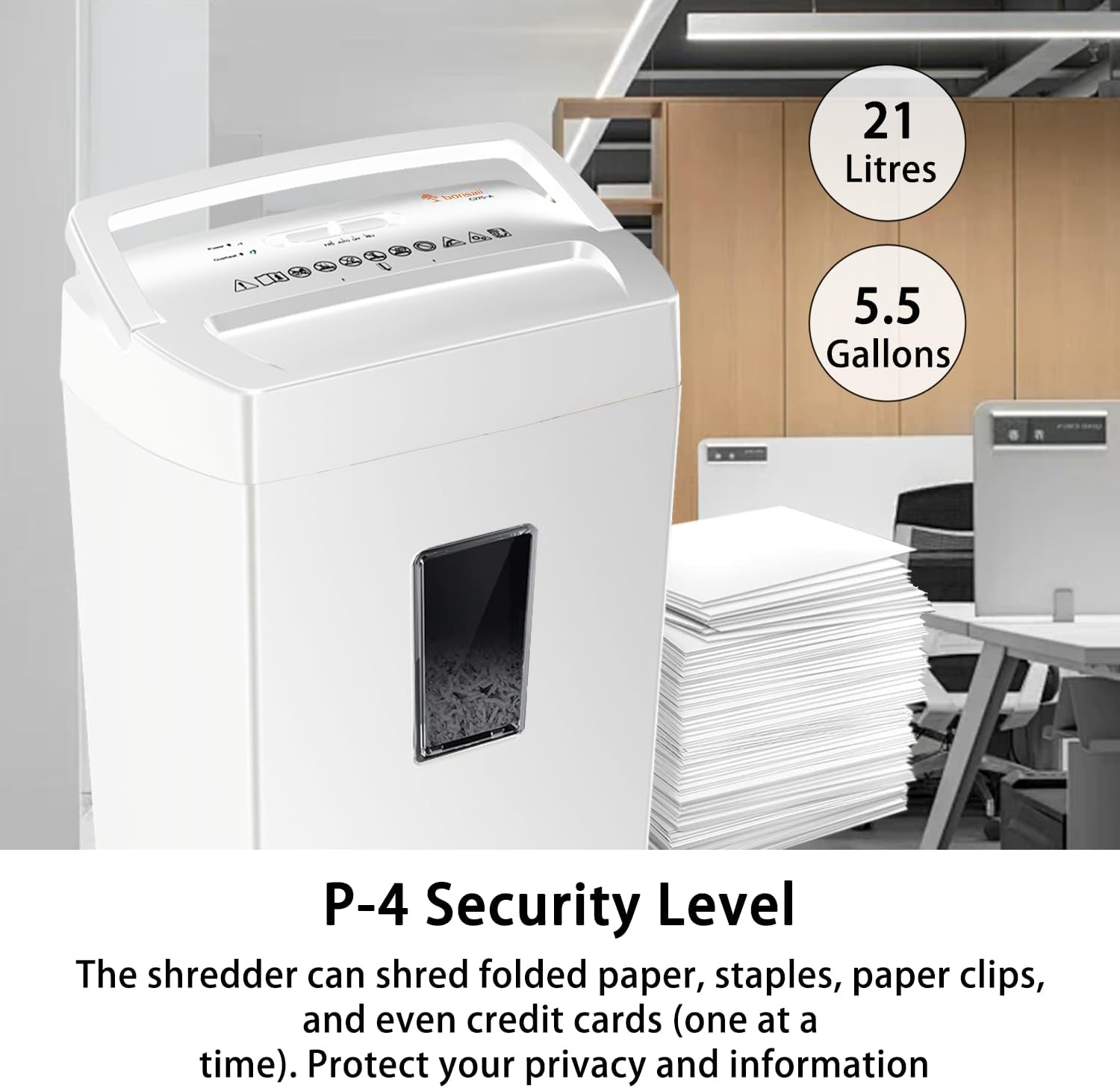 image:imageBonsaii 12Sheet Cross Cut Shredder P4 High Security Shredding 55 Gal Heavy Duty for Home Office Shreds Paper Credit Card Mail Staples with Transparent Window WhiteWhite