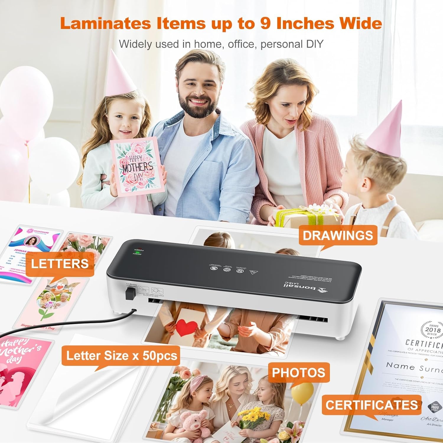 image:imageBonsaii Laminator 9 Inch 4 in1 Thermal Laminator Machine Never Jam Technology with 40 Laminting Sheets Paper Cutter Corner Rounder for Home Office School Business9 Inch Grey 50 Pouches