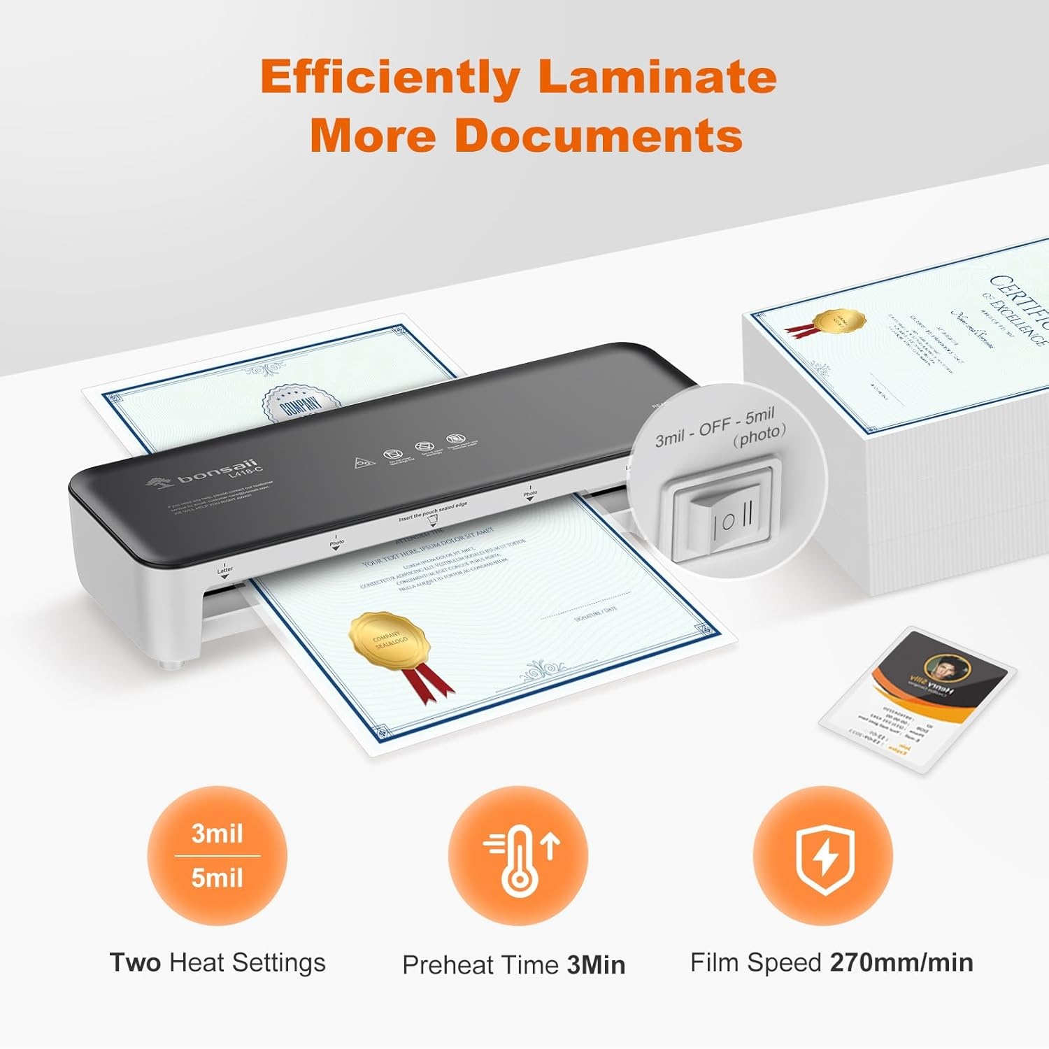 image:imageBonsaii Laminator 9 Inch 4 in1 Thermal Laminator Machine Never Jam Technology with 40 Laminting Sheets Paper Cutter Corner Rounder for Home Office School Business9 Inch Grey 50 Pouches