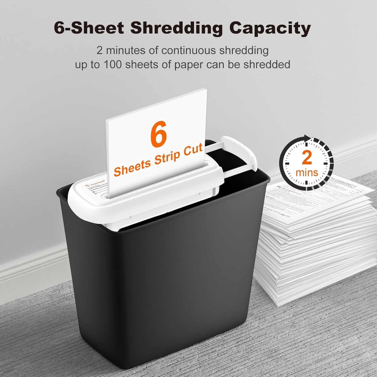 image:imageBonsaii Paper Shredder for Home Use 6 Sheet Strip Cut Small Paper Shredder Without Basket for Home Office Portable Shredder Extendable Arm Design with Overheat Protection S123BWhite
