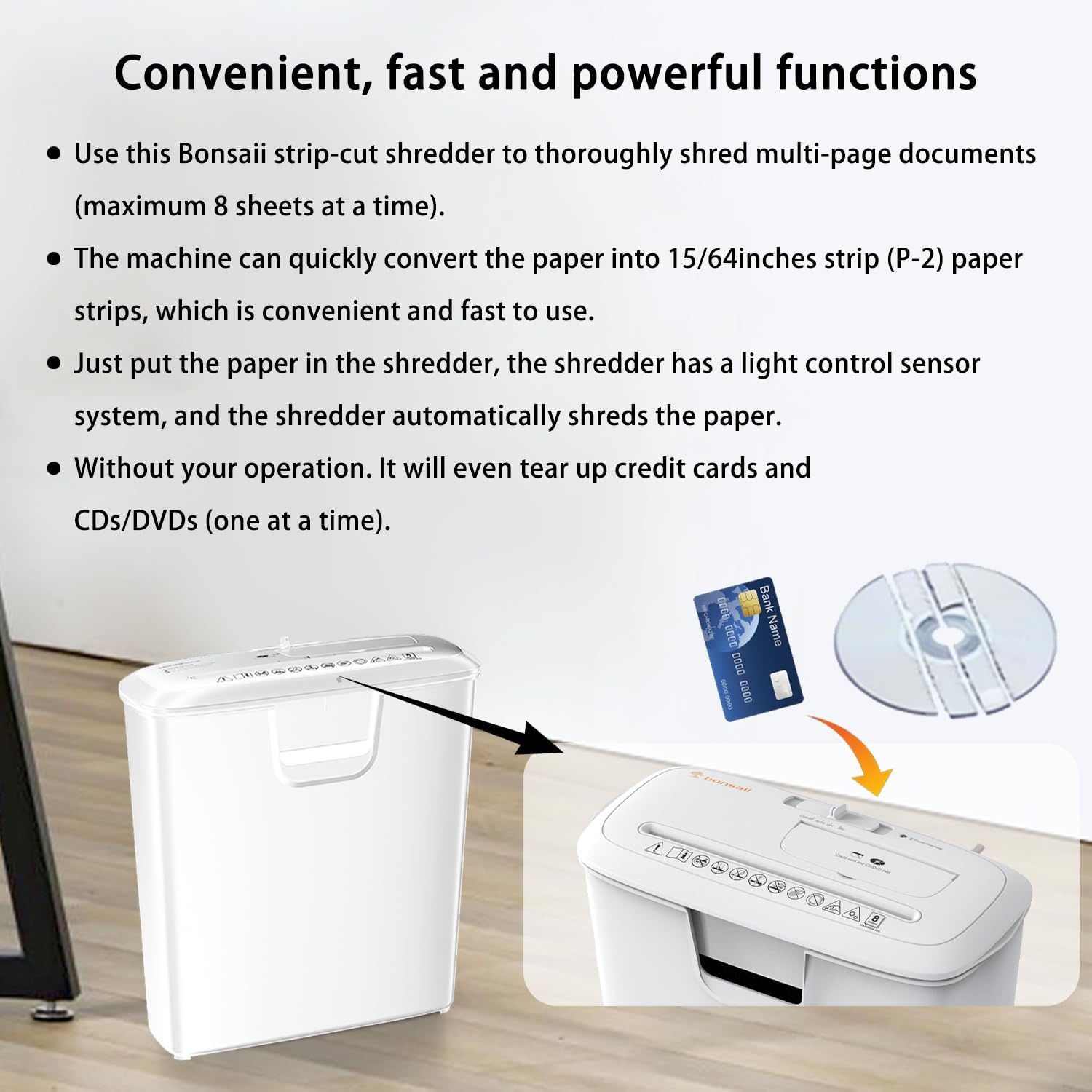 image:imageBonsaii Paper Shredder for Home Use 8Sheet StripCut Home Office Shredder CDCredit Card Shredder Machine with Overheat Protection 34 Gallons Wastebasket8 Sheet White