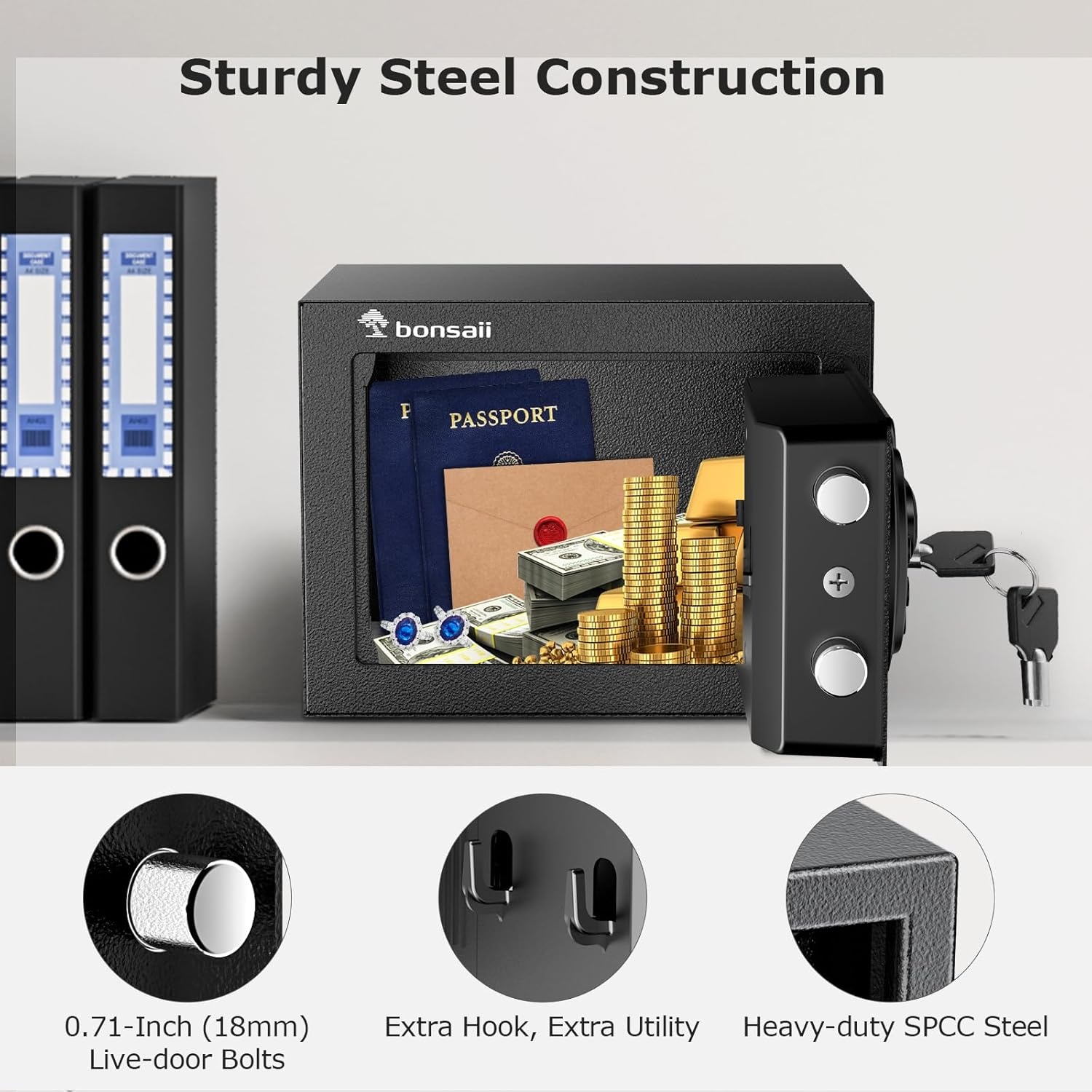 image:imageBonsaii Safe Box with Electronic Keypad Steel Security Lock Box with Key 023 Cubic Feet 906 W x 669 D x 669 H Small Hidden Safe for Cash JewelryElectronic Lock