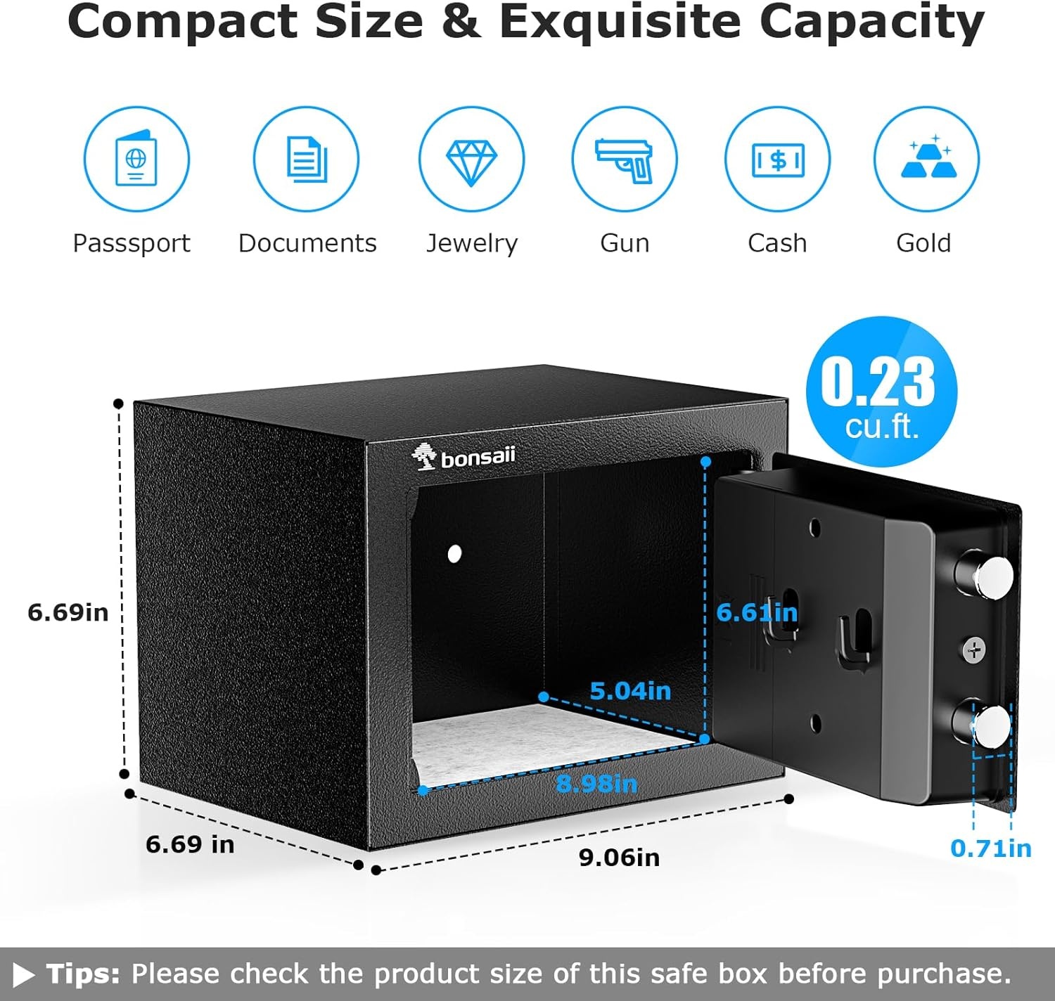 image:imageBonsaii Safe Box with Electronic Keypad Steel Security Lock Box with Key 023 Cubic Feet 906 W x 669 D x 669 H Small Hidden Safe for Cash JewelryElectronic Lock