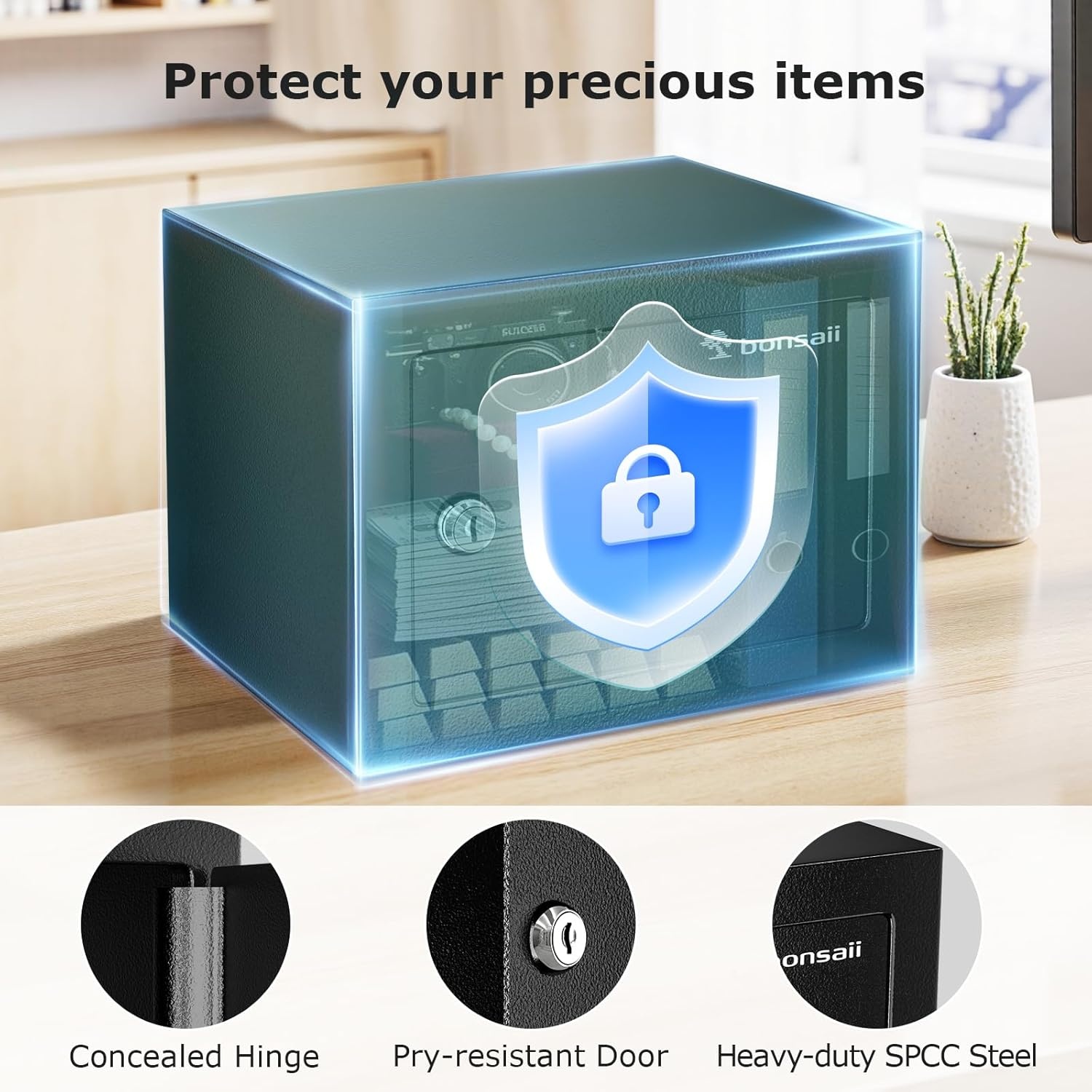 image:imageBonsaii Safe Box with Electronic Keypad Steel Security Lock Box with Key 023 Cubic Feet 906 W x 669 D x 669 H Small Hidden Safe for Cash JewelryKey Lock