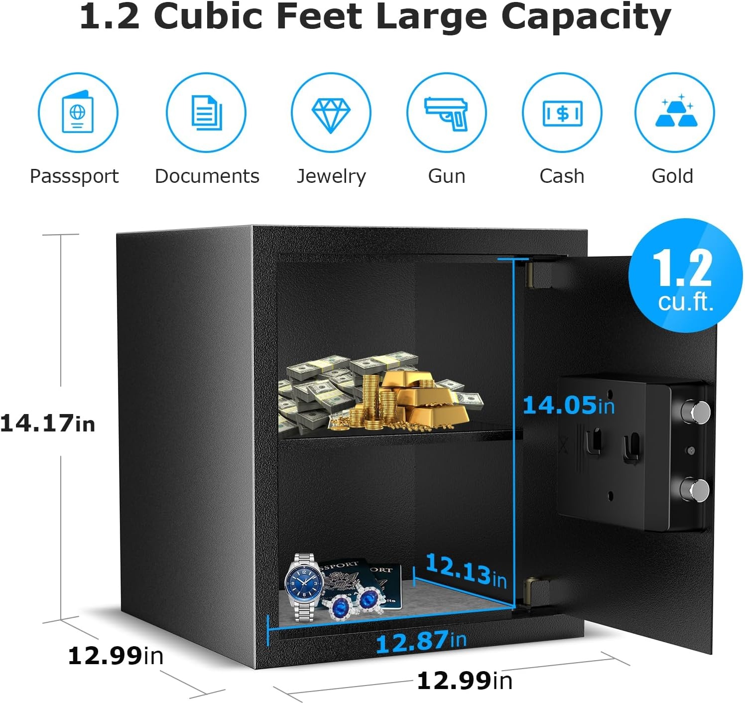 image:imageBonsaii Security Safe Box12 Cubic Feet Large Document Safe BoxNew Type of Digital Keypad LockRemovable Shelf for MoneyJewelry and Valuables1299 x 1417 x 1299 Inches120 cuft New Lock