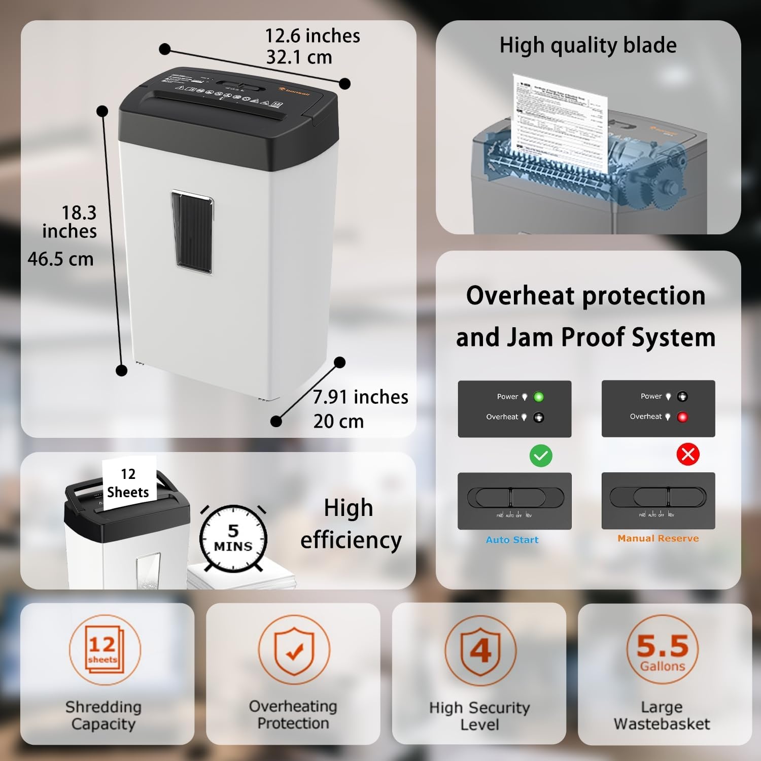 image:imageBonsaii 12 Sheet Micro Cut Paper Shredder 60Minute Continuous Run Time Home Office Heavy Duty Shredder for CD Credit Card Mails Staple Clip JamProof System 42 Gal Pullout BinBlack and White