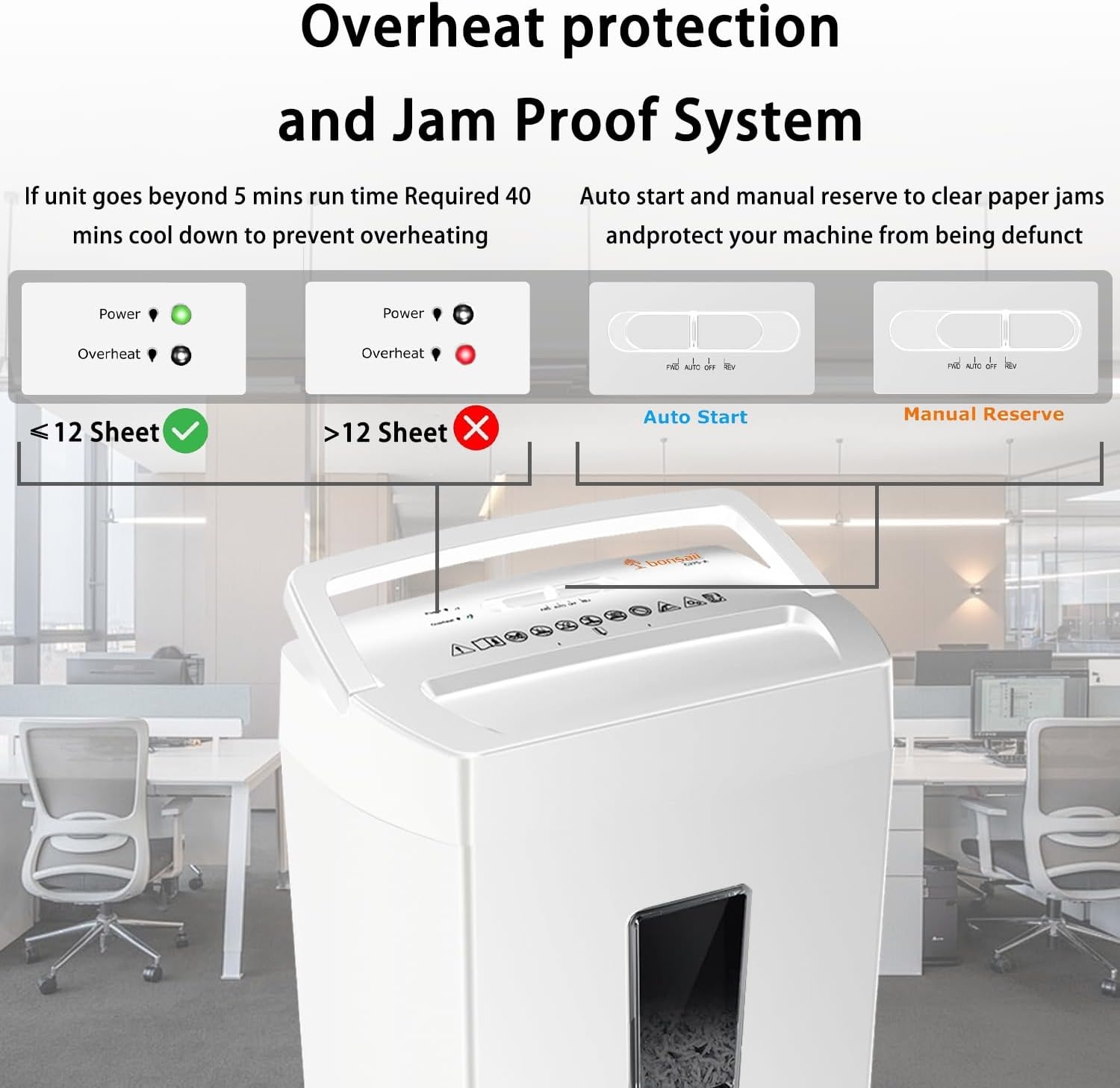 image:imageBonsaii 12 Sheet Micro Cut Paper Shredder 60Minute Continuous Run Time Home Office Heavy Duty Shredder for CD Credit Card Mails Staple Clip JamProof System 42 Gal Pullout BinWhite