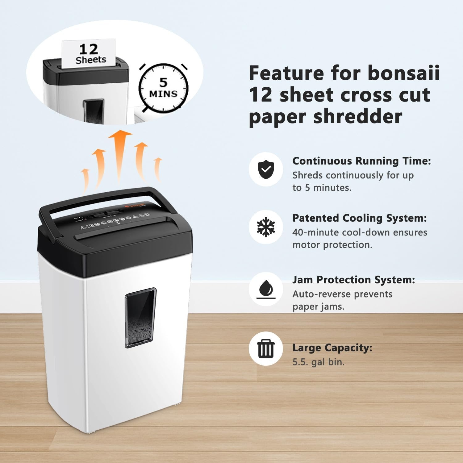 image:imageBonsaii 12 Sheet Micro Cut Paper Shredder 60Minute Continuous Run Time Home Office Heavy Duty Shredder for CD Credit Card Mails Staple Clip JamProof System 42 Gal Pullout BinBlack and White