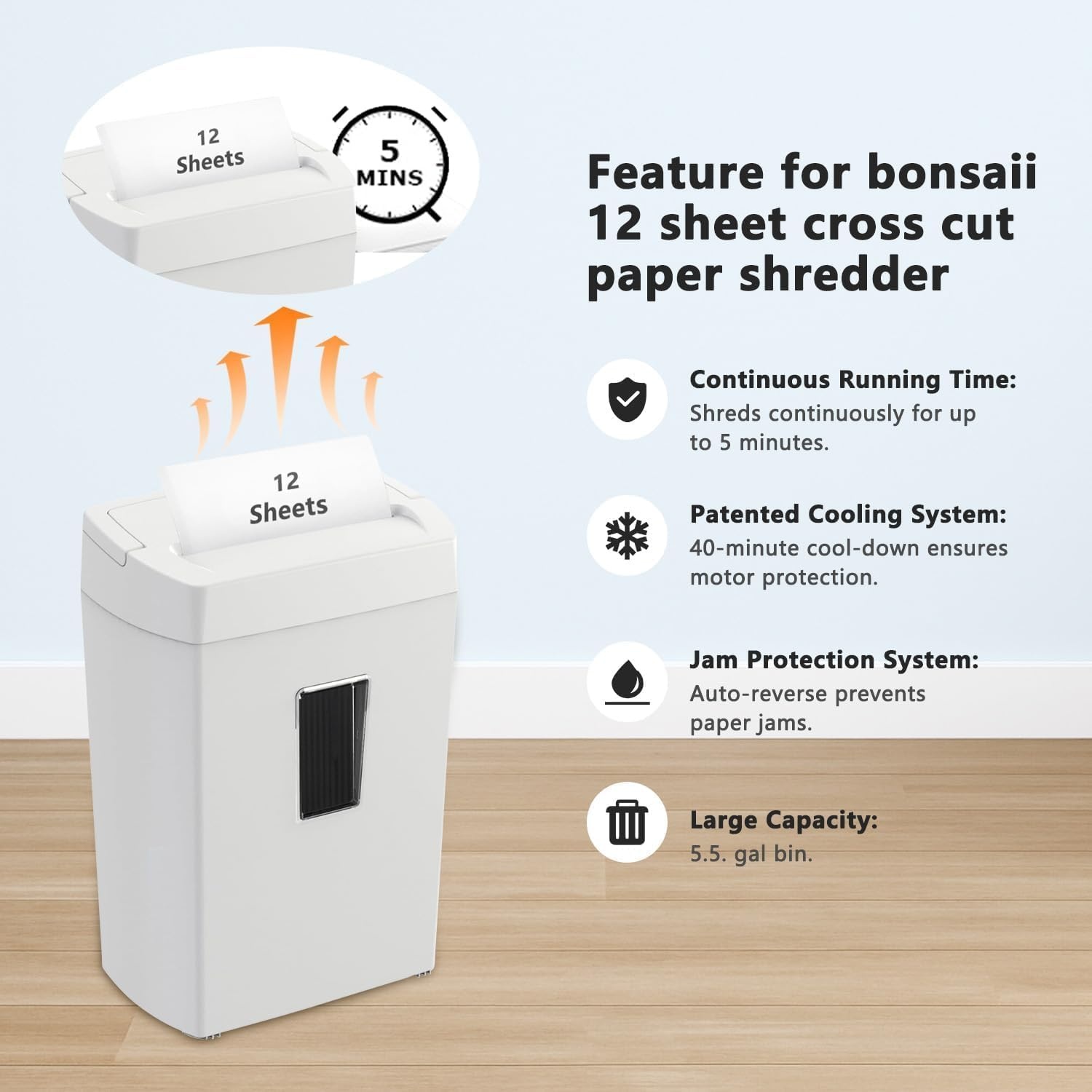 image:imageBonsaii 12 Sheet Micro Cut Paper Shredder 60Minute Continuous Run Time Home Office Heavy Duty Shredder for CD Credit Card Mails Staple Clip JamProof System 42 Gal Pullout BinWhite