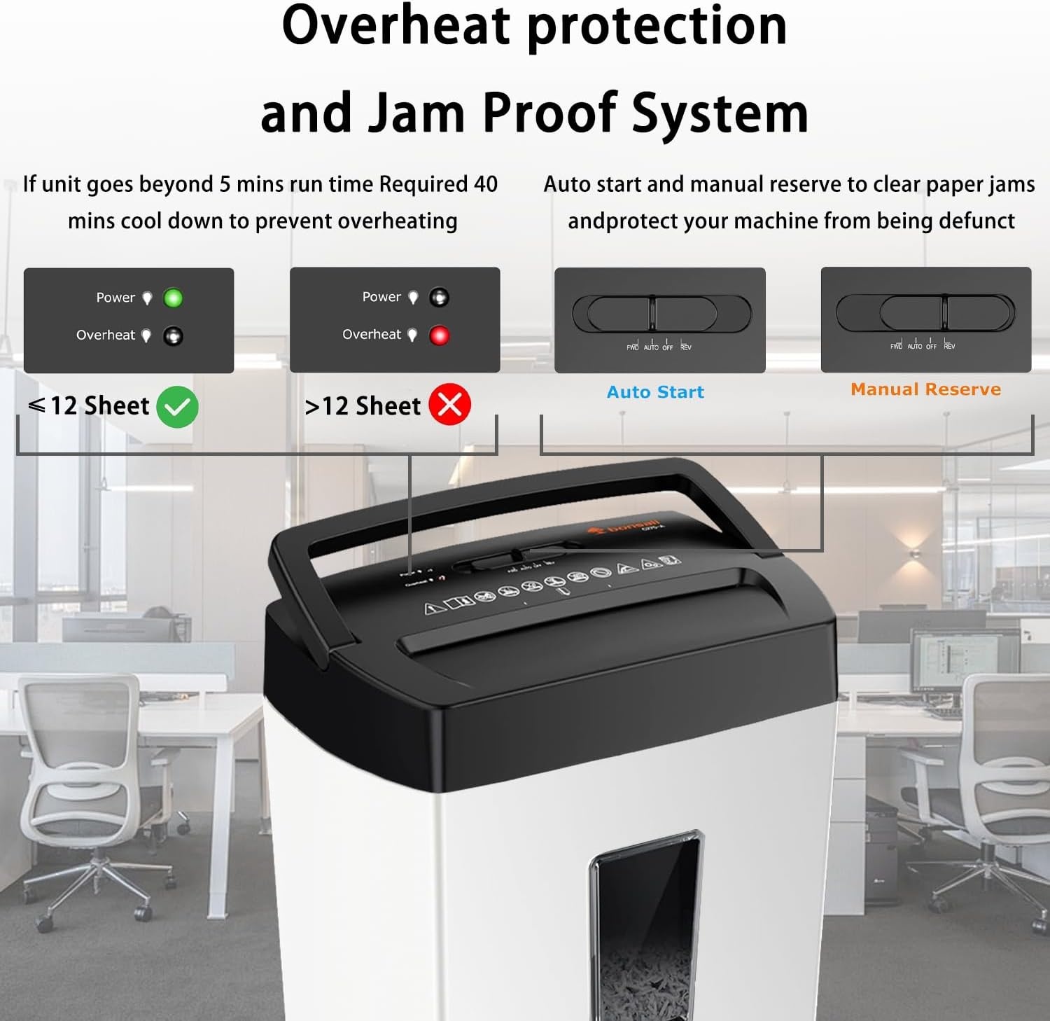 image:imageBonsaii 12 Sheet Micro Cut Paper Shredder 60Minute Continuous Run Time Home Office Heavy Duty Shredder for CD Credit Card Mails Staple Clip JamProof System 42 Gal Pullout BinBlack and White