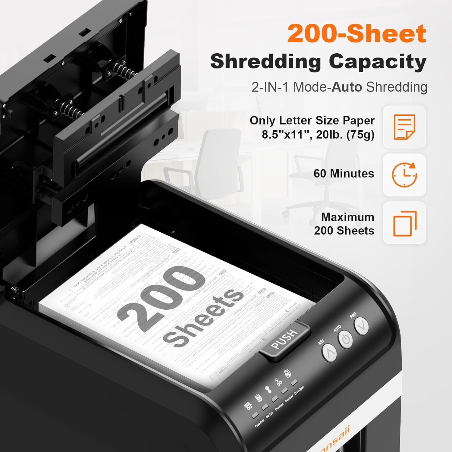 image:imageBonsaii 200Sheet Auto Feed Paper Shredder 60Min Nonstop Heavy Duty Shredders for Office 81Gal Bin P4 High Security Micro Cut Large Commercial Paper Shredder for Business C283A New VersionBlack