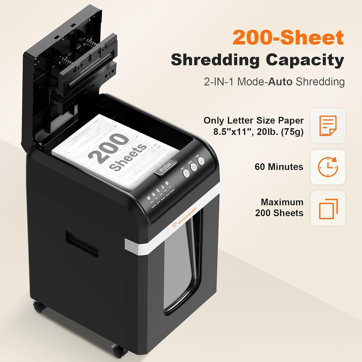 image:imageBonsaii 200Sheet Auto Feed Paper Shredder 60Min Nonstop Heavy Duty Shredders for Office 81Gal Bin P4 High Security Micro Cut Large Commercial Paper Shredder for Business C283A New VersionBlack