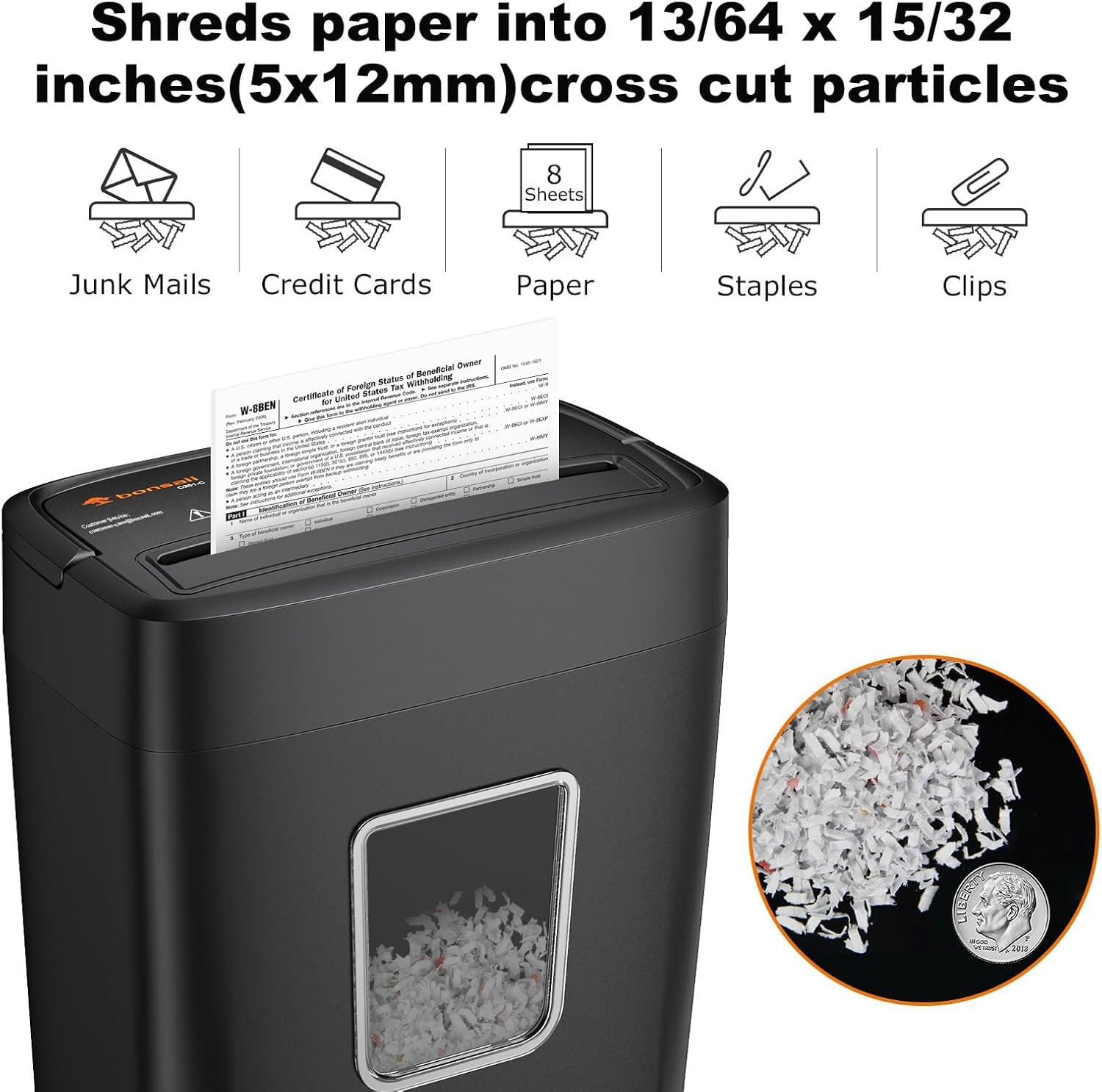image:imageBonsaii Paper Shredder 8Sheet Crosscut Home Office Shredder with 42 Gallon Bin P4 Security Level Document Shredder Shred Credit CardMailStapleClip C261C UpdatedCrosscut 8 Sheet